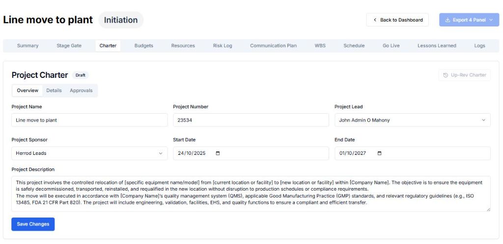 Project charter approval and sign-off screen