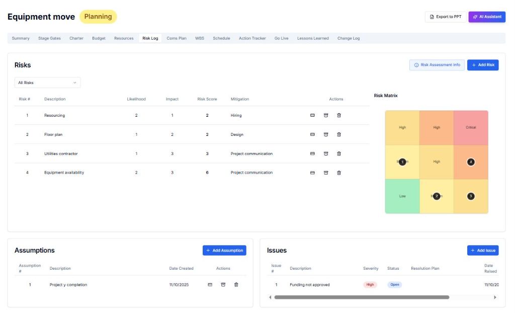 Risk heat map and issue register in Arcturus Pro